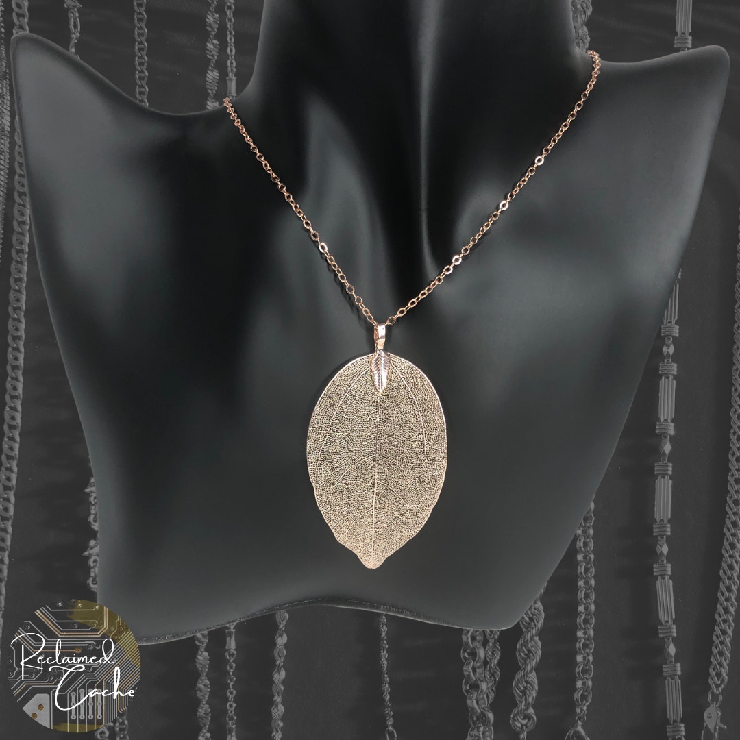 Rose Gold Filigree Leaf Long Chain Necklace